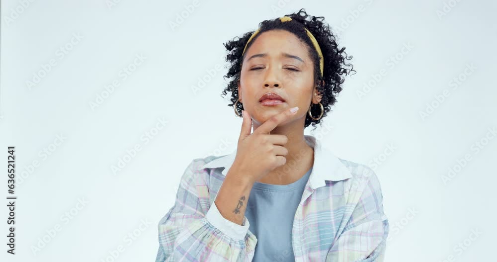 Confused, face and woman in studio thinking, why or decision on white ...