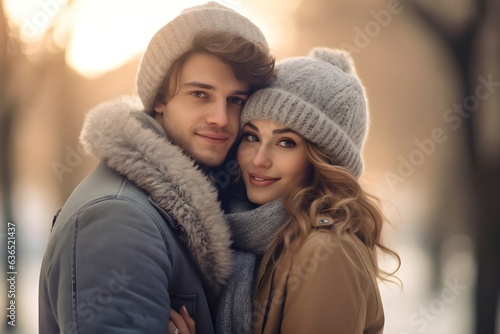 happy couple hugging each other on a sunny winter day