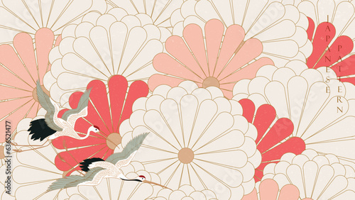 Abstract art landscape banner design with crane birds banner design decoration. Red floral Icon and symbol  element in Asia style. Flower pattern banner design in vintage style.