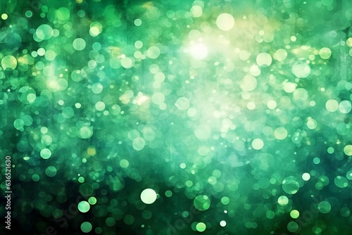 green Sparkling Lights Festive background with texture. Abstract Christmas twinkled bright bokeh defocused. Winter Card or invitation.