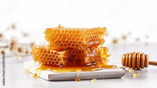 Natural honey with honeycomb on white background