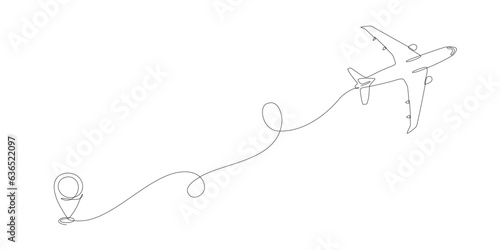 Airplane path with flight route and starting point location in continuous single line style. One line airplane route with start point and trace. Drawing for business, travel or journey Editable stroke
