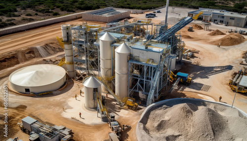 Aerial View Ready Mix Concrete Batching Plant, Mixer truck