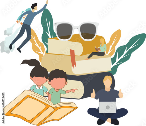 Creative Vector Illustration about a father with a laptop giving a thumbs up, son flying with a book, glasses on a pile of books. the concept of books as windows of knowledge. Modern Design Vector