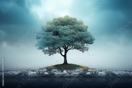 Fantasy landscape with lonely tree
