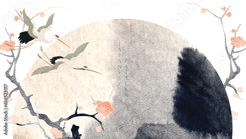 Japanese background with hand drawn line cherry blossom flower in vintage style. Abstract art circle shape banner design with crane birds banner design 