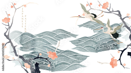 Crane birds vector. Japanese background with watercolor texture painting texture. Oriental natural wave pattern with ocean sea decoration banner design in vintage style. Branch of flower element