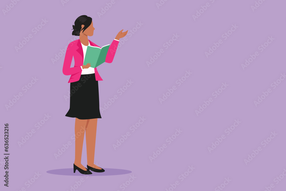 Cartoon flat style drawing woman teacher standing in front of classroom teaching student at school with book in her hand. Professor at university is giving lecture. Graphic design vector illustration Cartoon flat style drawing woman teacher standing in front of classroom teaching student at school with book in her hand. Professor at university is giving lecture. Graphic design vector illustration