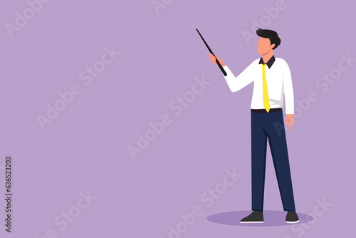 Cartoon flat style drawing of male teacher or young professor standing in front of class with pointer stick teaching lesson. School teacher in tidy shirt with tie. Graphic design vector illustration
