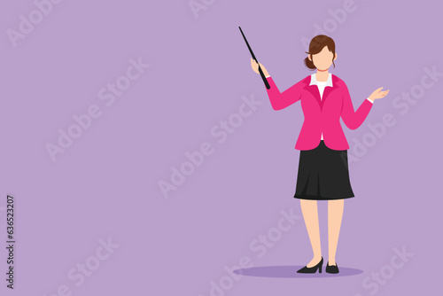 Cartoon flat style drawing of beautiful school woman teacher standing with pointer. Lecturer, instructor, businesswoman for educational concept, courses, trainings. Graphic design vector illustration