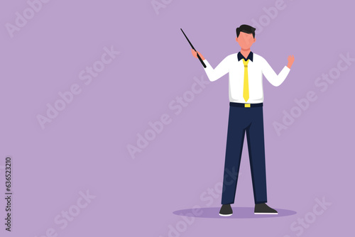 Cartoon flat style drawing smart school male teacher. Man in tidy shirt, tie and standing with pointer. Lecturer, professor, instructor, businessman for educational. Graphic design vector illustration