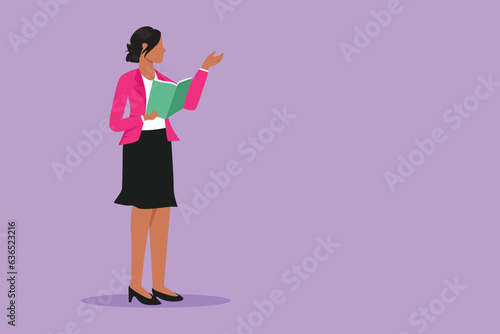 Cartoon flat style drawing woman teacher standing in front of classroom teaching student at school with book in her hand. Professor at university is giving lecture. Graphic design vector illustration