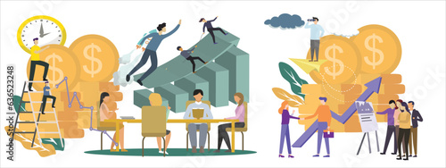 Creative Vector managers meeting talking about company goals, one employee flying on a rocket, 2 employees helping each other reach the target, big business chart, idea bulb, and time clock. Design