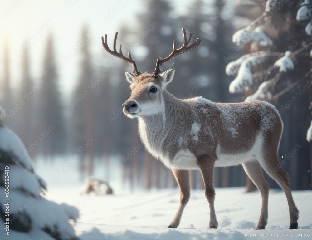Illustration of a reindeer on a snowy field.generative AI Illustration of a reindeer on a snowy field.generative AI