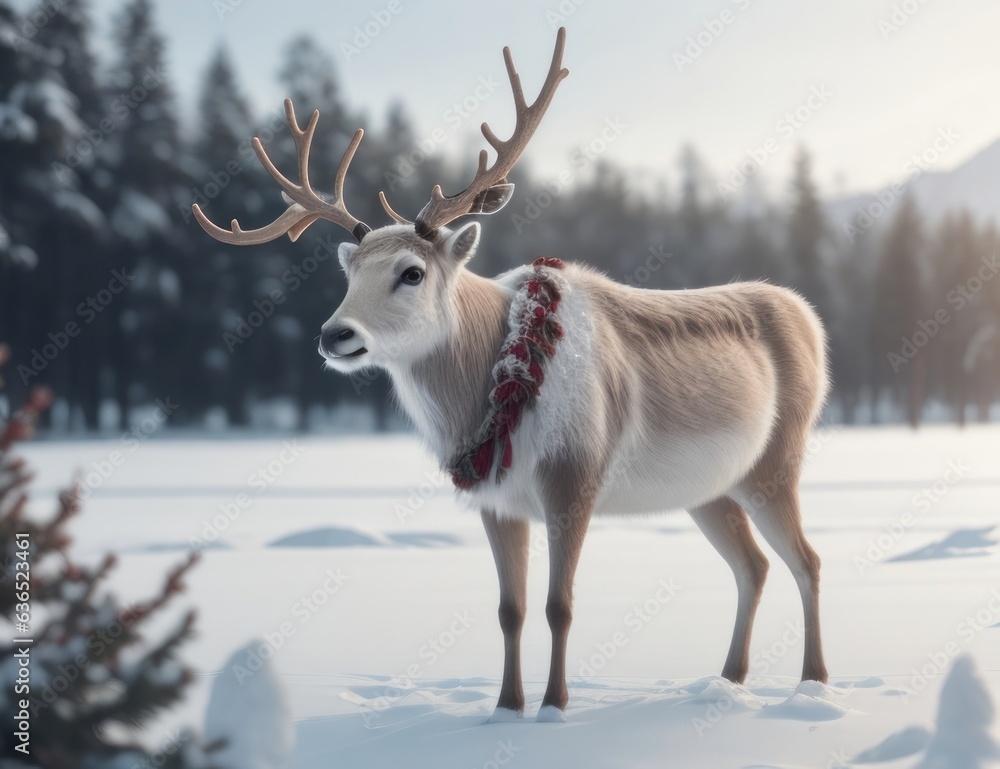 Illustration of a reindeer on a snowy field.generative AI Illustration of a reindeer on a snowy field.generative AI
