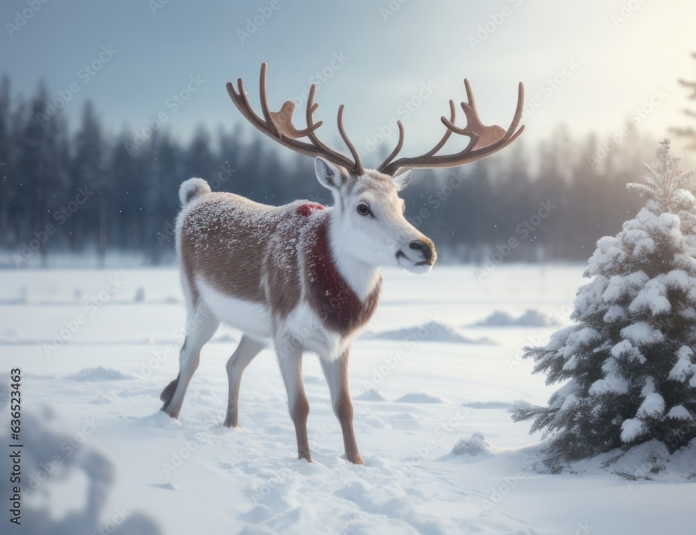 Illustration of a reindeer on a snowy field.generative AI Illustration of a reindeer on a snowy field.generative AI