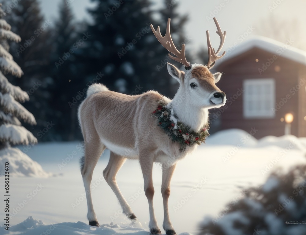 Illustration of a reindeer on a snowy field.generative AI Illustration of a reindeer on a snowy field.generative AI
