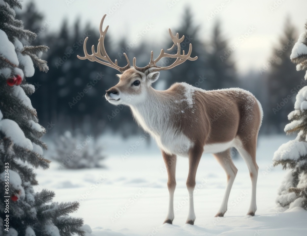 Illustration of a reindeer on a snowy field.generative AI Illustration of a reindeer on a snowy field.generative AI