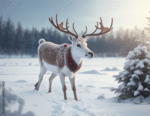 Illustration of a reindeer on a snowy field.generative AI © 2D_Jungle
