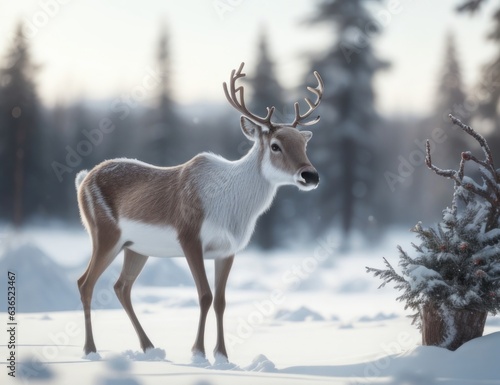 Illustration of a reindeer on a snowy field.generative AI