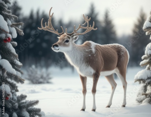 Illustration of a reindeer on a snowy field.generative AI © 2D_Jungle