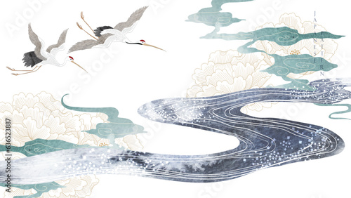 Japanese background with black and grey watercolor texture vector. Peony flower, hand drawn wave chinese cloud decorations in vintage style. Crane birds element with art abstract banner design