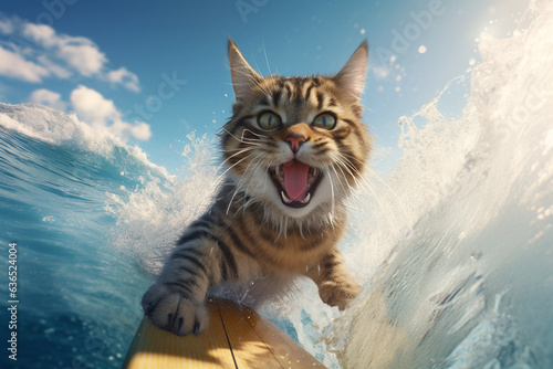 The surfboarding cat. Never devoid of curiosity, this cat fearlessly approaches hobbies, showcasing a blend of bravery and boldness. photo