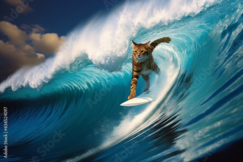 The surfboarding cat. Unforgetting of its sense of adventure, this cat approaches hobbies with both fearlessness and audaciousness.