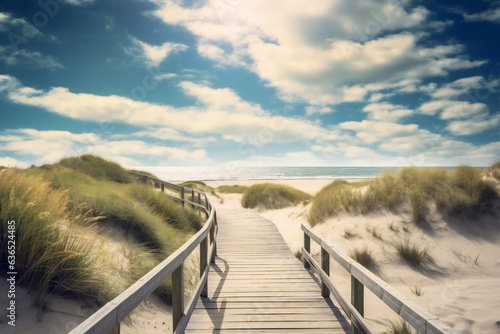 A path to the beach with old wooden fences and sand dunes