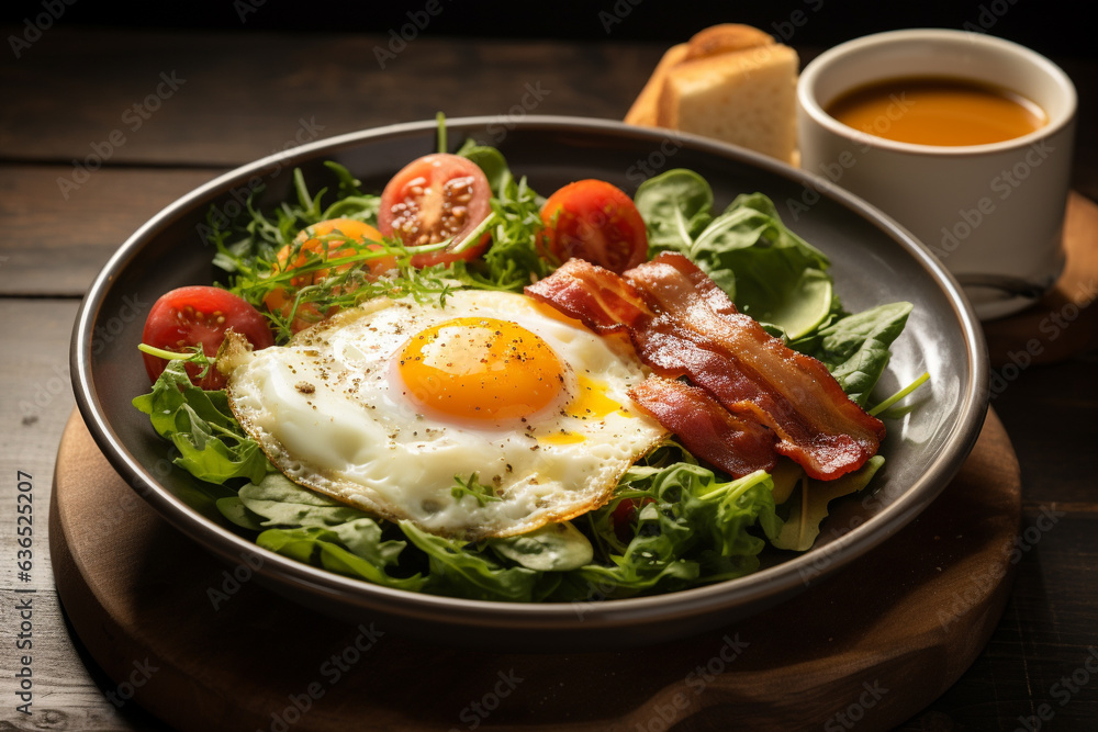 Breakfast with pan fried egg, sausage, bacon, salad serve with bread, hot coffee and soup. Generative AI Breakfast with pan fried egg, sausage, bacon, salad serve with bread, hot coffee and soup. Generative AI