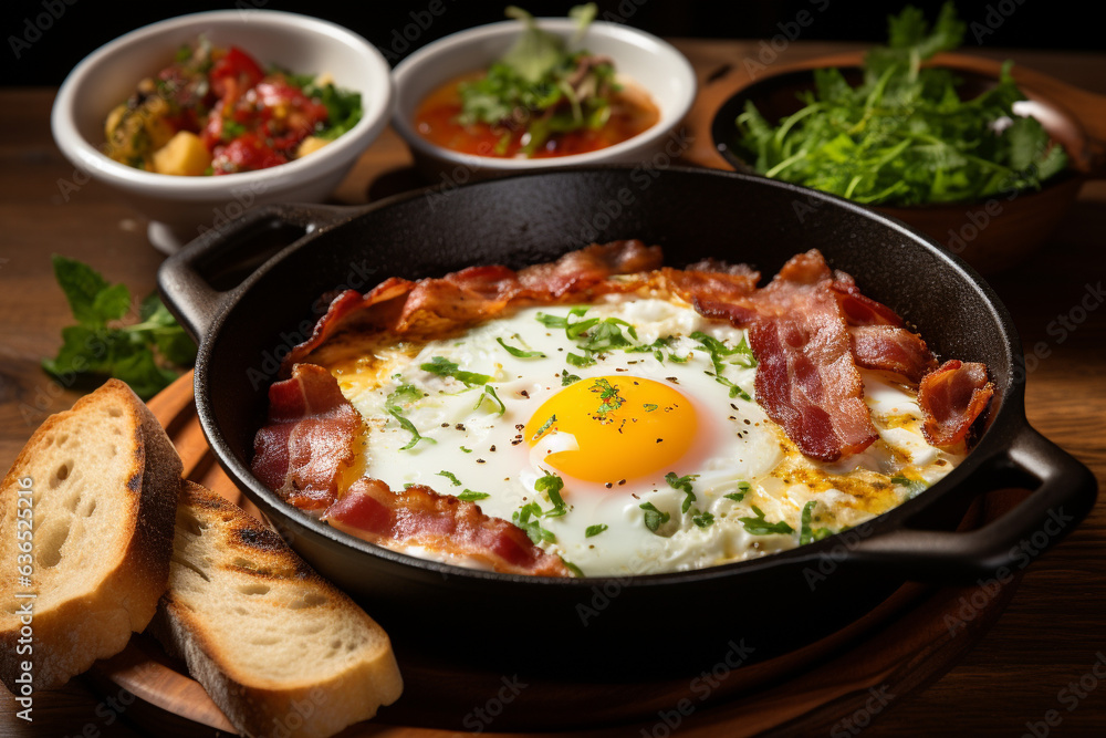 Breakfast with pan fried egg, sausage, bacon, salad serve with bread, hot coffee and soup. Generative AI Breakfast with pan fried egg, sausage, bacon, salad serve with bread, hot coffee and soup. Generative AI
