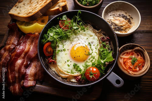 Breakfast with pan fried egg, sausage, bacon, salad serve with bread, hot coffee and soup. 