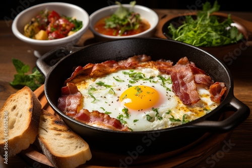 Breakfast with pan fried egg, sausage, bacon, salad serve with bread, hot coffee and soup. Generative AI