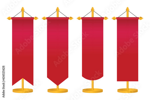 Red long pennant flag vector of different shapes on a golden stand