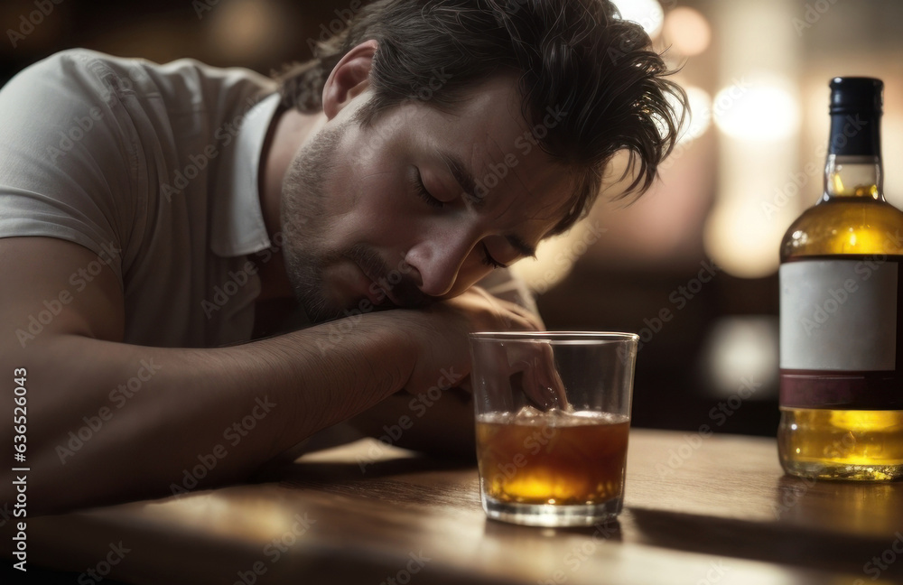 Illustration Glass of alcohol on a wooden table in a bar with a person drinking to sleep.generative AI Illustration Glass of alcohol on a wooden table in a bar with a person drinking to sleep.generative AI