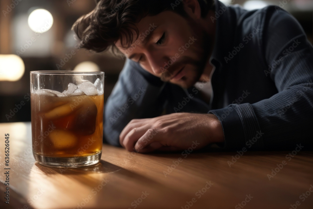 Illustration Glass of alcohol on a wooden table in a bar with a person drinking to sleep.generative AI Illustration Glass of alcohol on a wooden table in a bar with a person drinking to sleep.generative AI