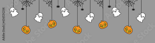 Happy Halloween banner or border with ghost and jack o lantern pumpkins. Hanging Spooky Ornaments Decoration Vector illustration, trick or treat party invitation