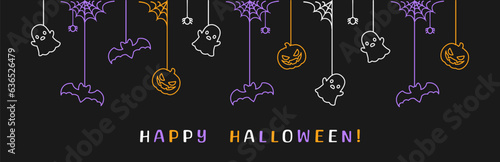 Happy Halloween banner or border with bats, ghost and jack o lantern pumpkins. Glowing Hanging Spooky Ornaments Decoration Vector illustration, trick or treat party invitation