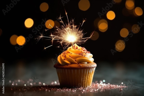 Decadent White Chocolate Birthday Cupcake with Sparkler Candle, Generative AI