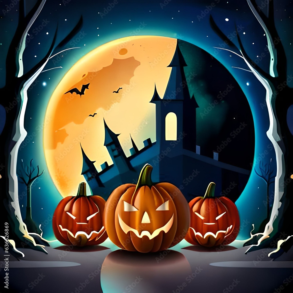 halloween illustration, pumpkin, bat, tree, moonlight and dark background, pumpkin face detail, object detail