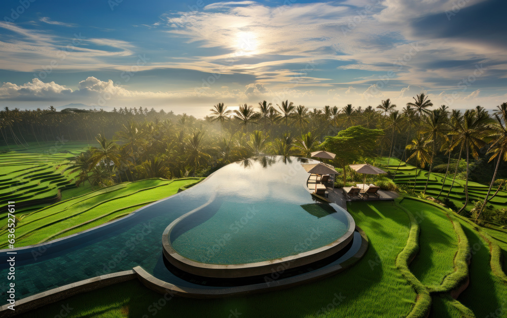 Infinity swimming pool in Bali resort during the day - obrazy, fototapety, plakaty 