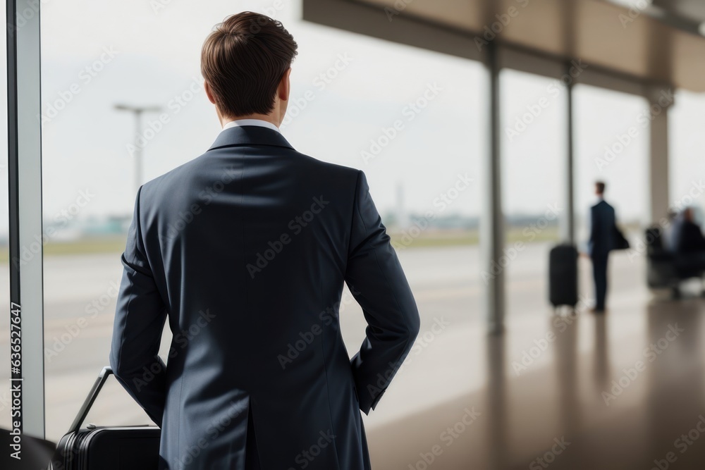 Illustration of a young man in a suit waiting for something at the airport, back view.generative AI Illustration of a young man in a suit waiting for something at the airport, back view.generative AI