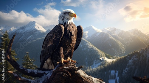  a bald eagle perched on a tree branch in the mountains.  generative ai © Anna