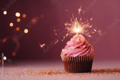 Pink Decadent Chocolate Birthday Cupcake with Sparkler Candle, Generative AI