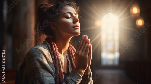 woman prayer sitting in church. man praying for god in the church and Jesus giving blessing. Thank you to God for great is your love. Faith in religion and belief in God. Generative ai