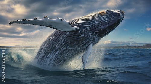 a humpback whale jumping out of the ocean water.  generative ai © Anna
