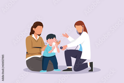 Kids, parents and doctor. Parenting in Healthcare concept. Colored flat vector illustration isolated. 