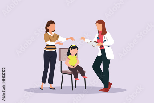 Kids, parents and doctor. Parenting in Healthcare concept. Colored flat vector illustration isolated. 