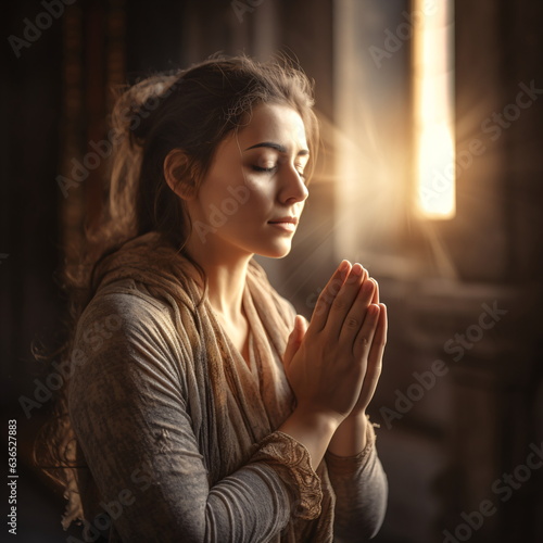 woman prayer sitting in church. man praying for god in the church and Jesus giving blessing. Thank you to God for great is your love. Faith in religion and belief in God. Generative ai