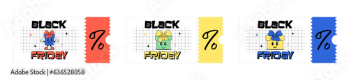 Cyber monday and sale. Cute character gift box with a face. Set of design for voucher, ticket and coupon for kids clothes, shoes, toys and stationery. White background. Groovy style. Vector 